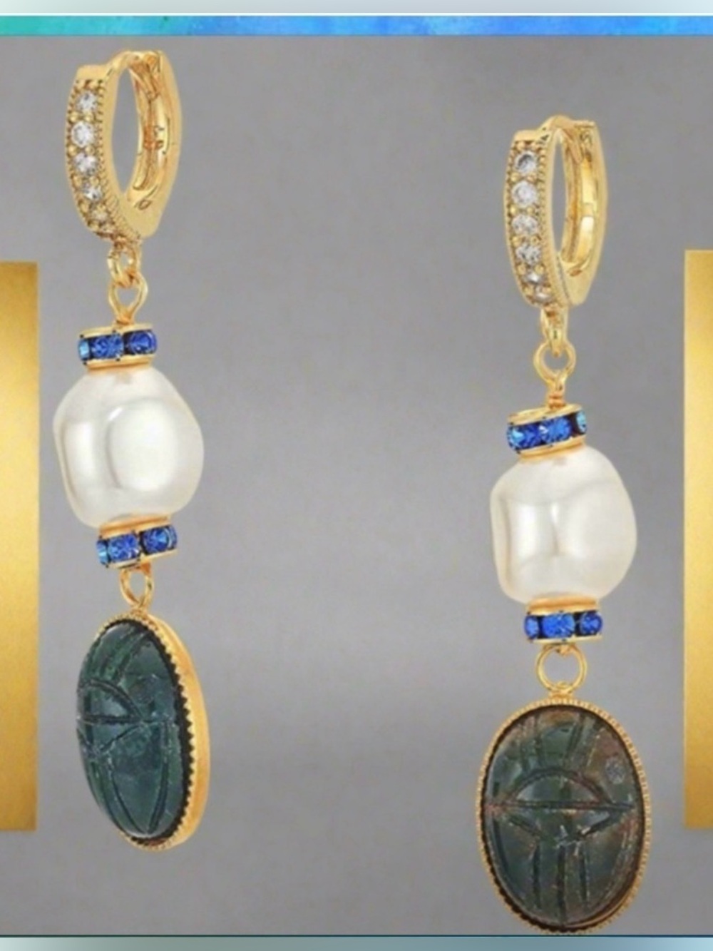 NWT Shashi Harlow Gold Pearl Green Stone Drop Earrings
